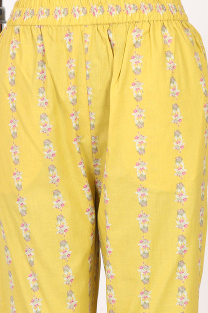 Yellow Floral Printed Pure Cotton Straight Kurta with Straight Pants and Drape Set