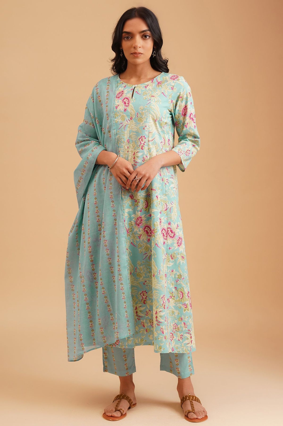 Turquoise Blue Floral Printed Pure Cotton A-line Kurta with Straight Pants and Dupatta Set