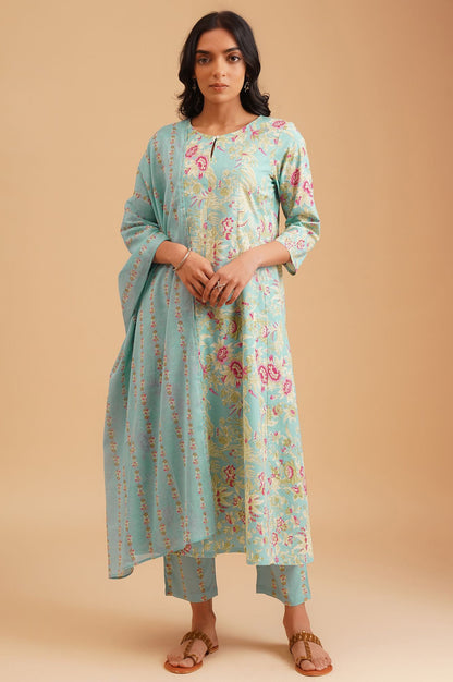 Turquoise Blue Floral Printed Pure Cotton A-line Kurta with Straight Pants and Dupatta Set