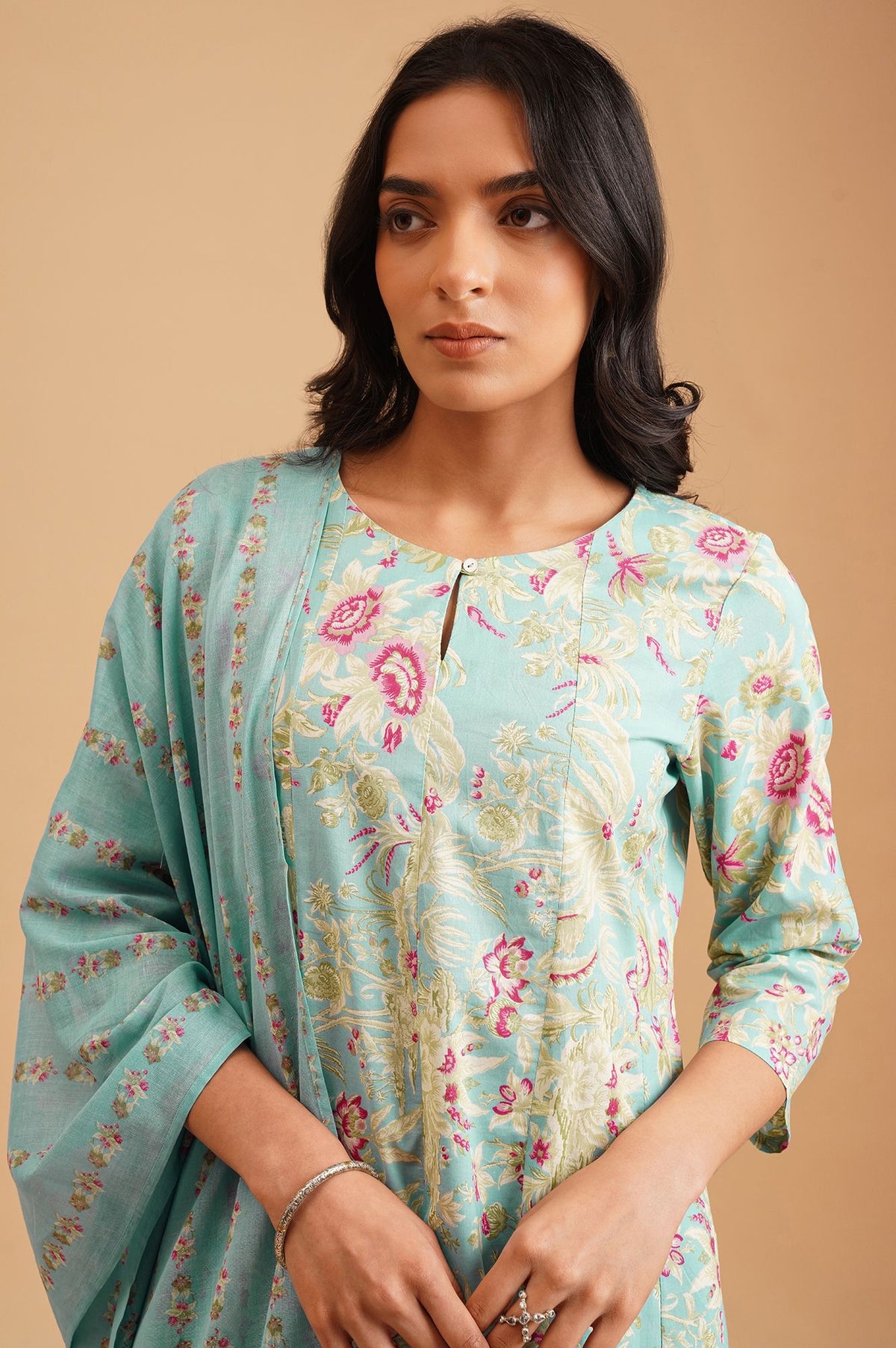 Turquoise Blue Floral Printed Pure Cotton A-line Kurta with Straight Pants and Dupatta Set