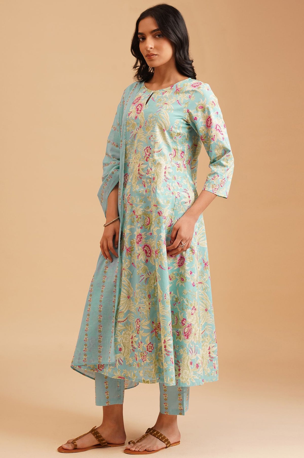 Turquoise Blue Floral Printed Pure Cotton A-line Kurta with Straight Pants and Dupatta Set