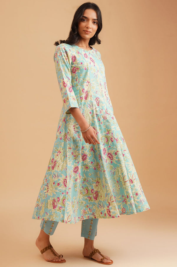 Turquoise Blue Floral Printed Pure Cotton A-line Kurta with Straight Pants and Dupatta Set
