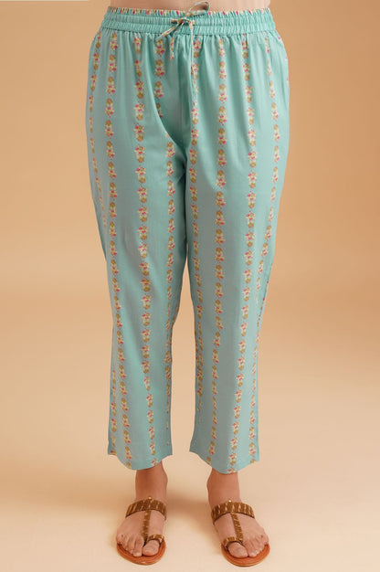 Turquoise Blue Floral Printed Pure Cotton A-line Kurta with Straight Pants and Dupatta Set