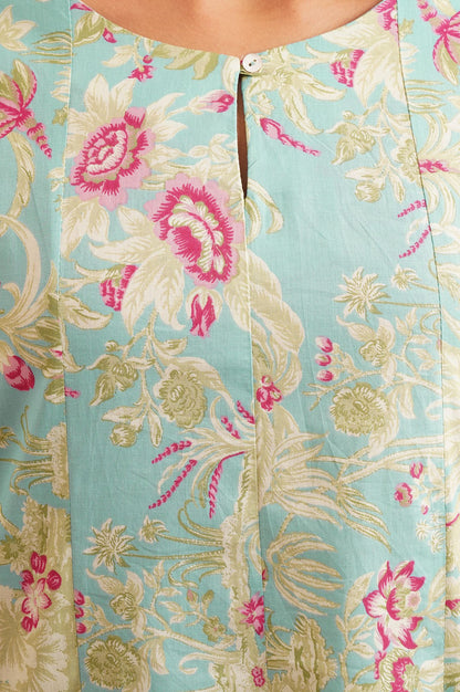 Turquoise Blue Floral Printed Pure Cotton A-line Kurta with Straight Pants and Dupatta Set