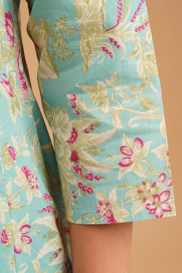 Turquoise Blue Floral Printed Pure Cotton A-line Kurta with Straight Pants and Dupatta Set