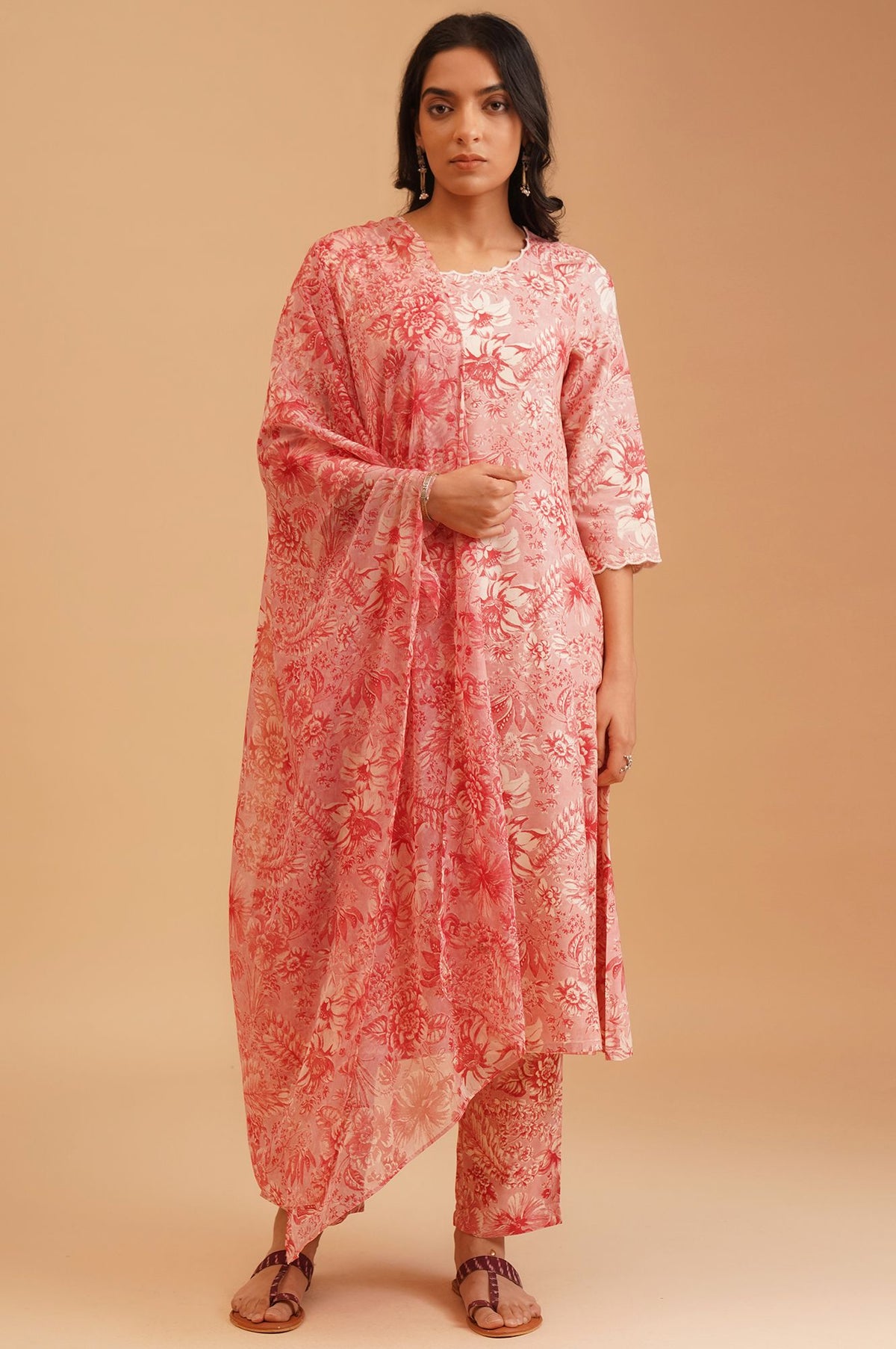 Pink Floral Printed Rayon Straight Kurta with Straight Pants and Dupatta Set