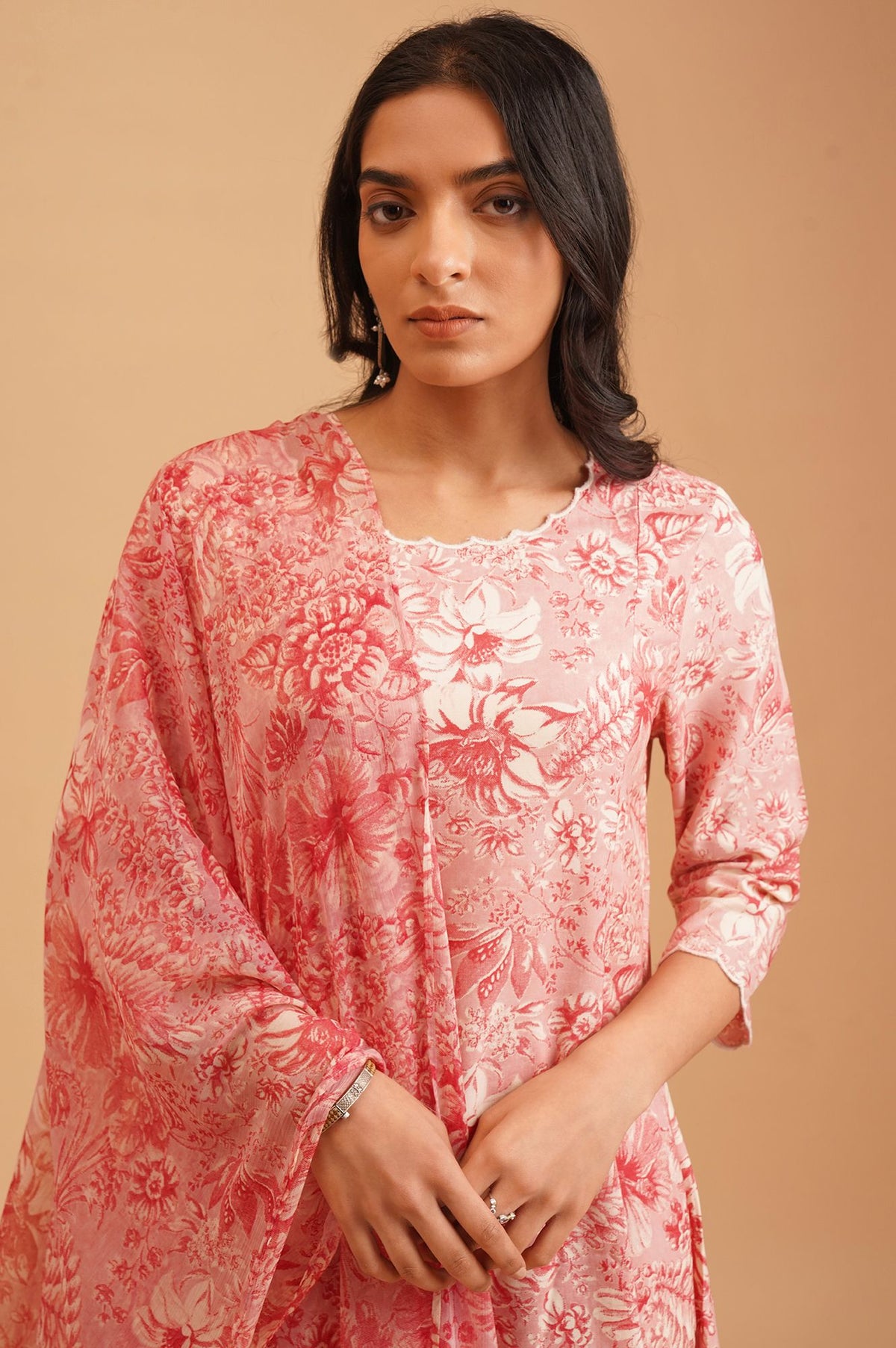 Pink Floral Printed Rayon Straight Kurta with Straight Pants and Dupatta Set