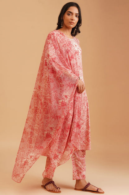 Pink Floral Printed Rayon Straight Kurta with Straight Pants and Dupatta Set