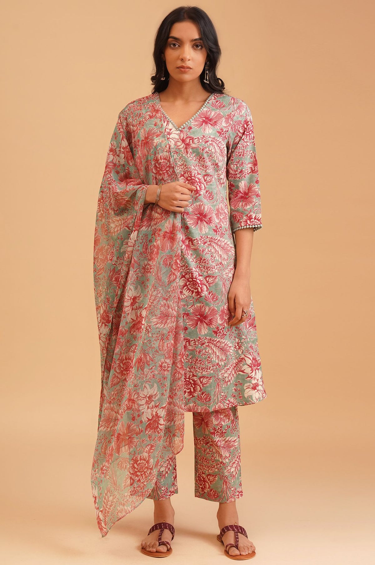 Sea Green Floral Printed Lace Pure Cotton Straight Kurta with Straight Pants and Dupatta Set