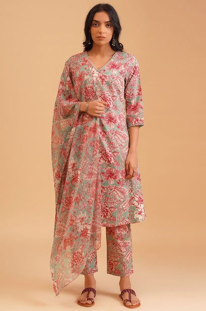 Sea Green Floral Printed Lace Pure Cotton Straight Kurta with Straight Pants and Dupatta Set
