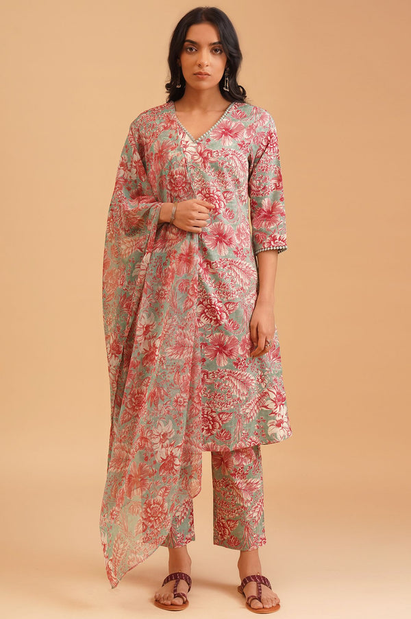 Sea Green Floral Printed Lace Pure Cotton Straight Kurta with Straight Pants and Dupatta Set