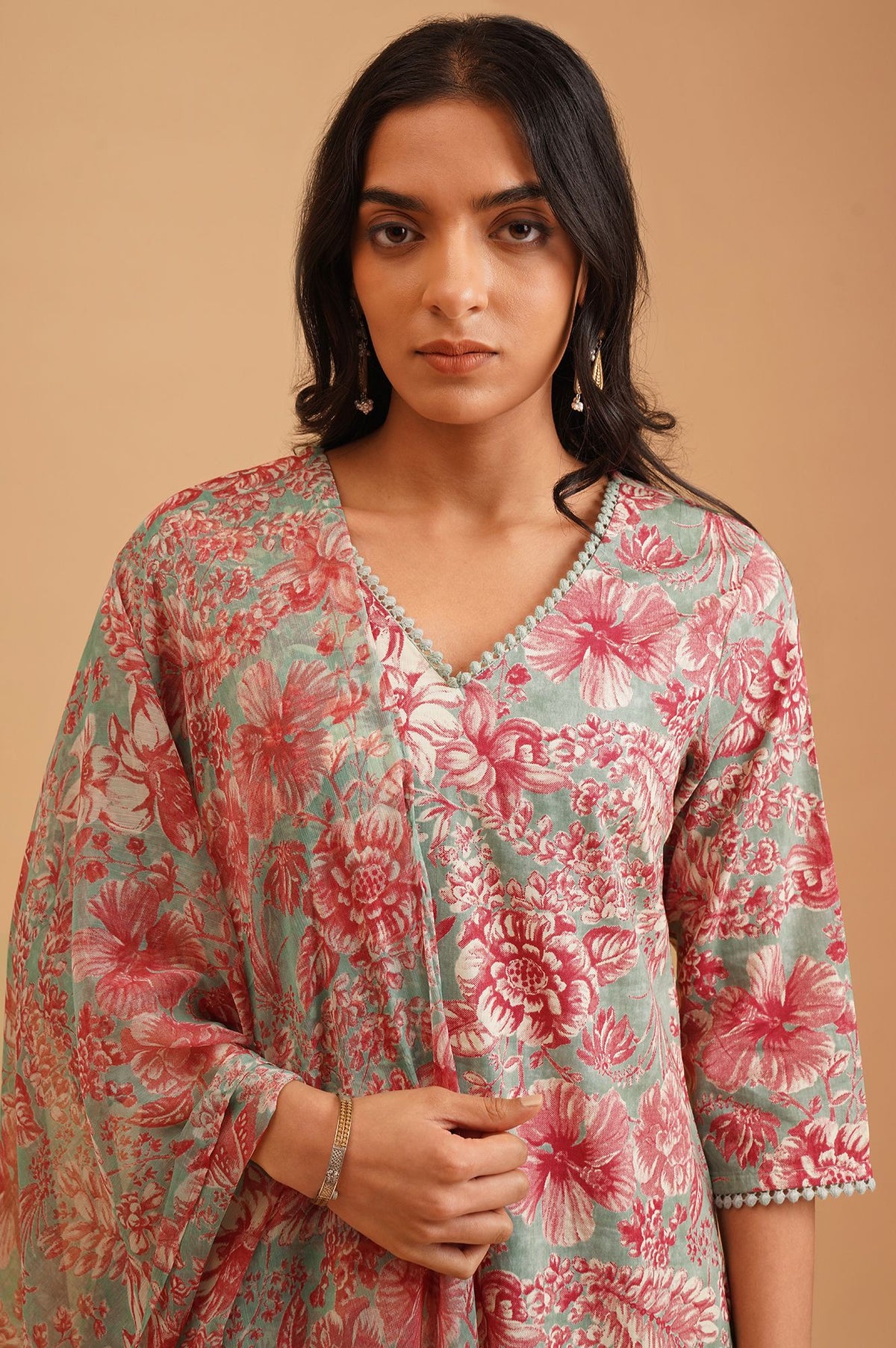Sea Green Floral Printed Lace Pure Cotton Straight Kurta with Straight Pants and Dupatta Set