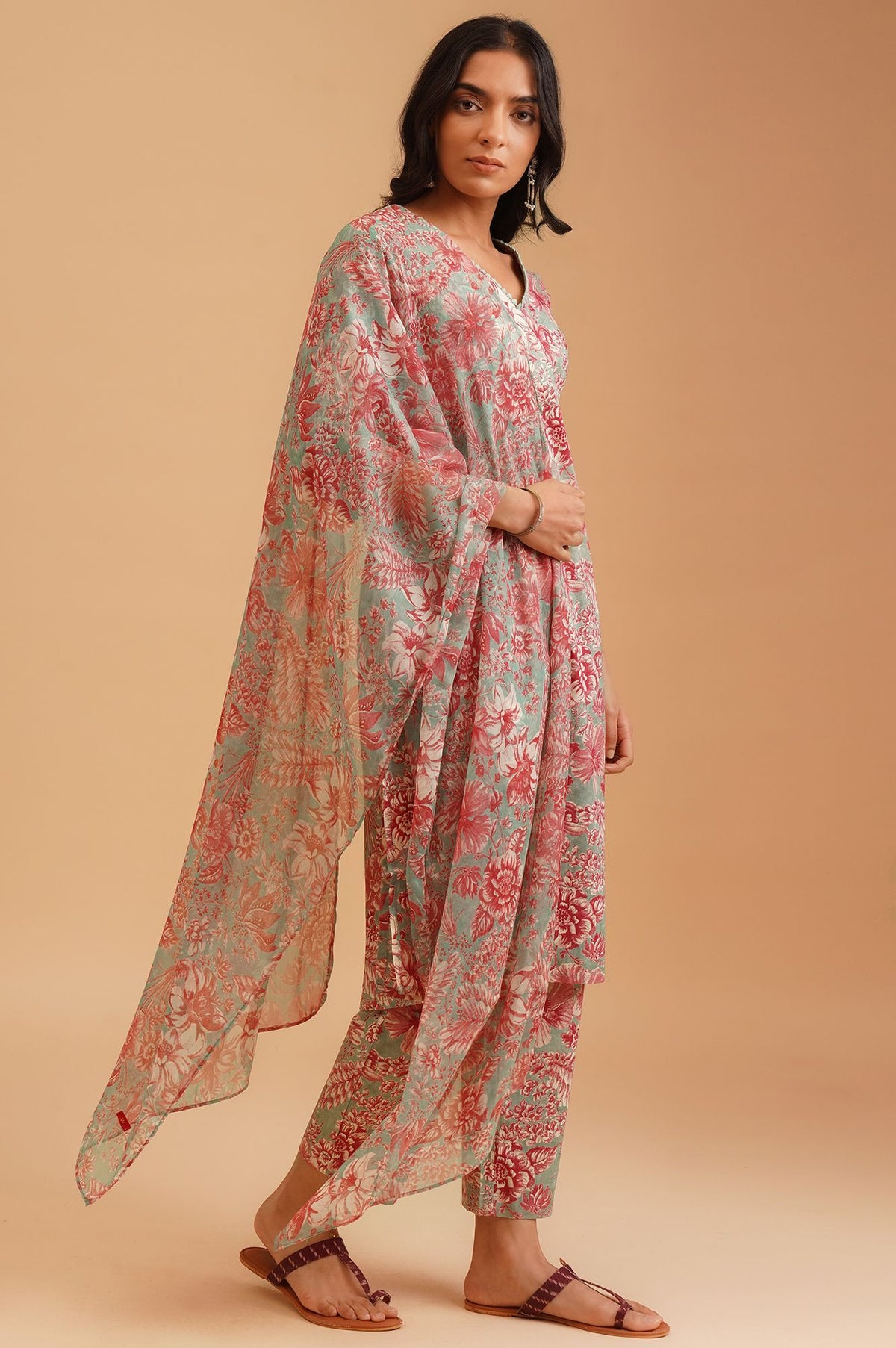 Sea Green Floral Printed Lace Pure Cotton Straight Kurta with Straight Pants and Dupatta Set
