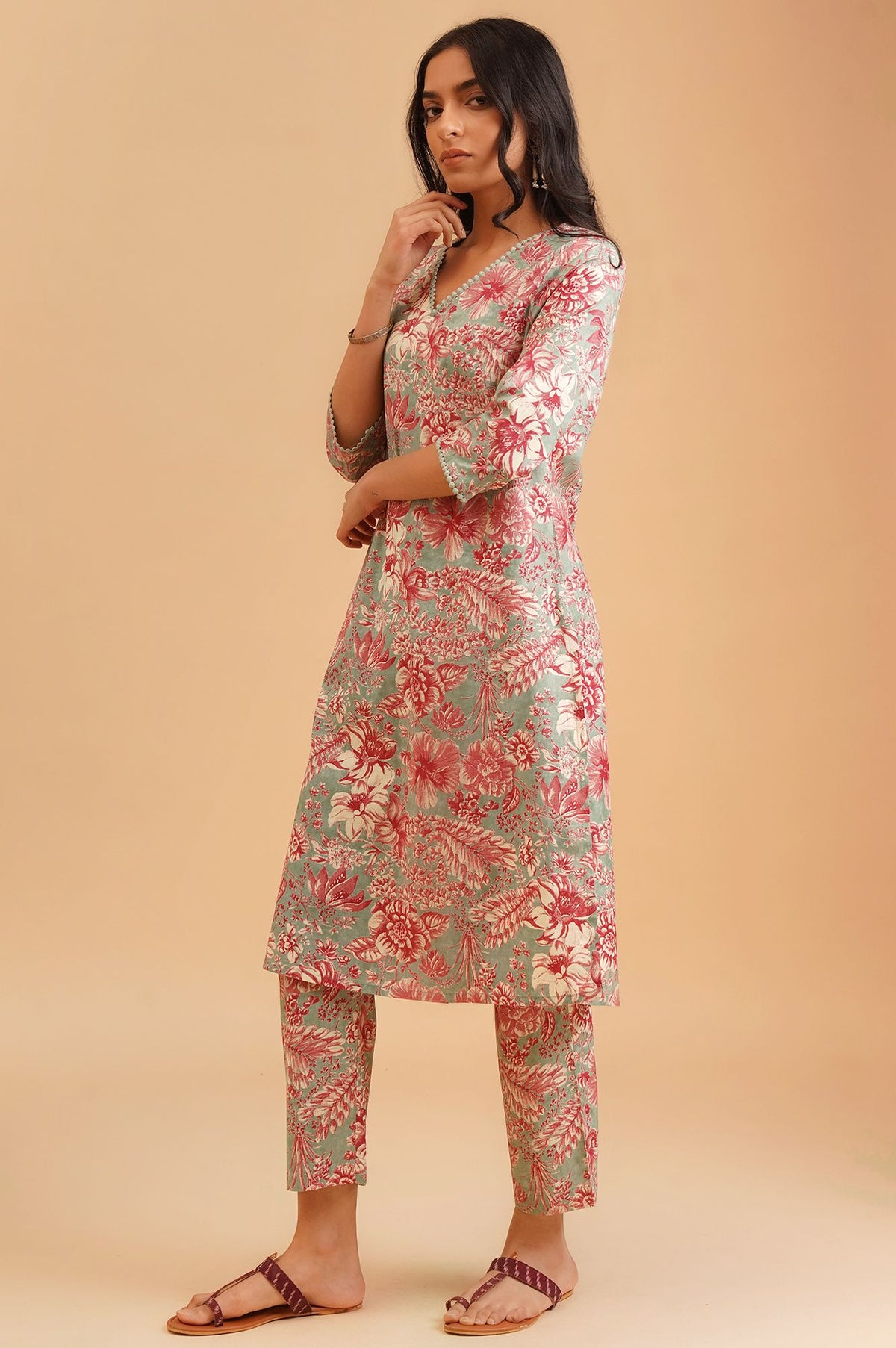 Sea Green Floral Printed Lace Pure Cotton Straight Kurta with Straight Pants and Dupatta Set