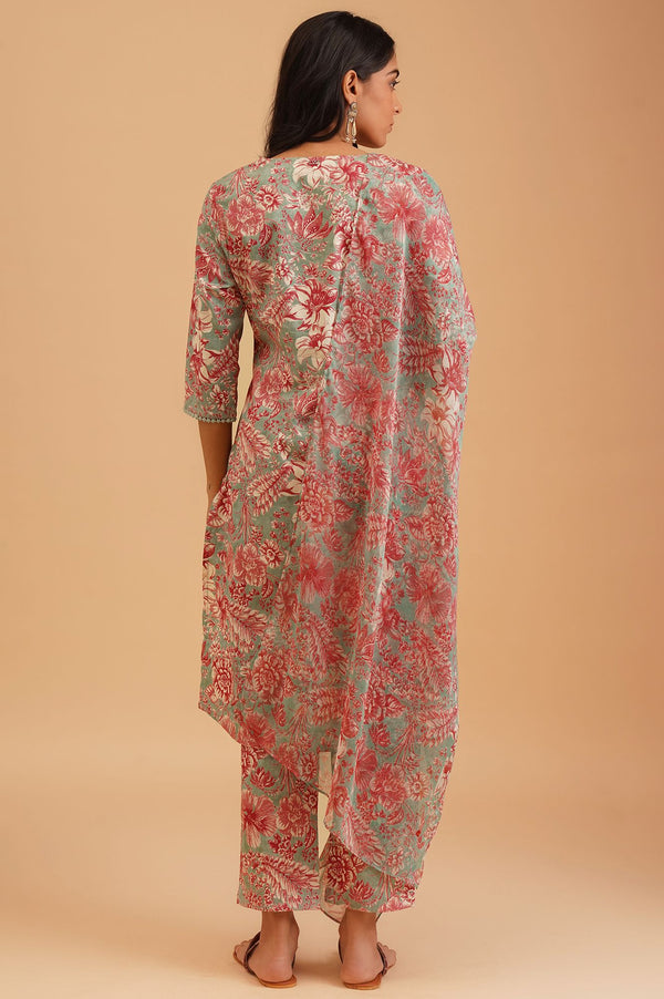 Sea Green Floral Printed Lace Pure Cotton Straight Kurta with Straight Pants and Dupatta Set