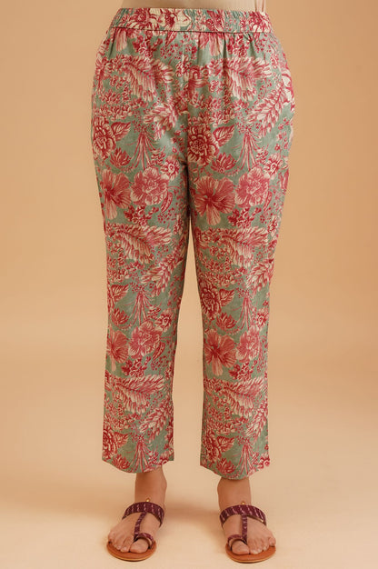 Sea Green Floral Printed Lace Pure Cotton Straight Kurta with Straight Pants and Dupatta Set