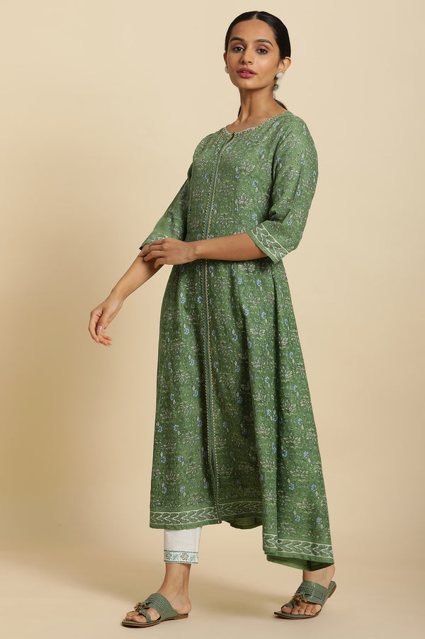 Green Floral Printed Embroidered Anarkali Kurta with Straight Pant Set
