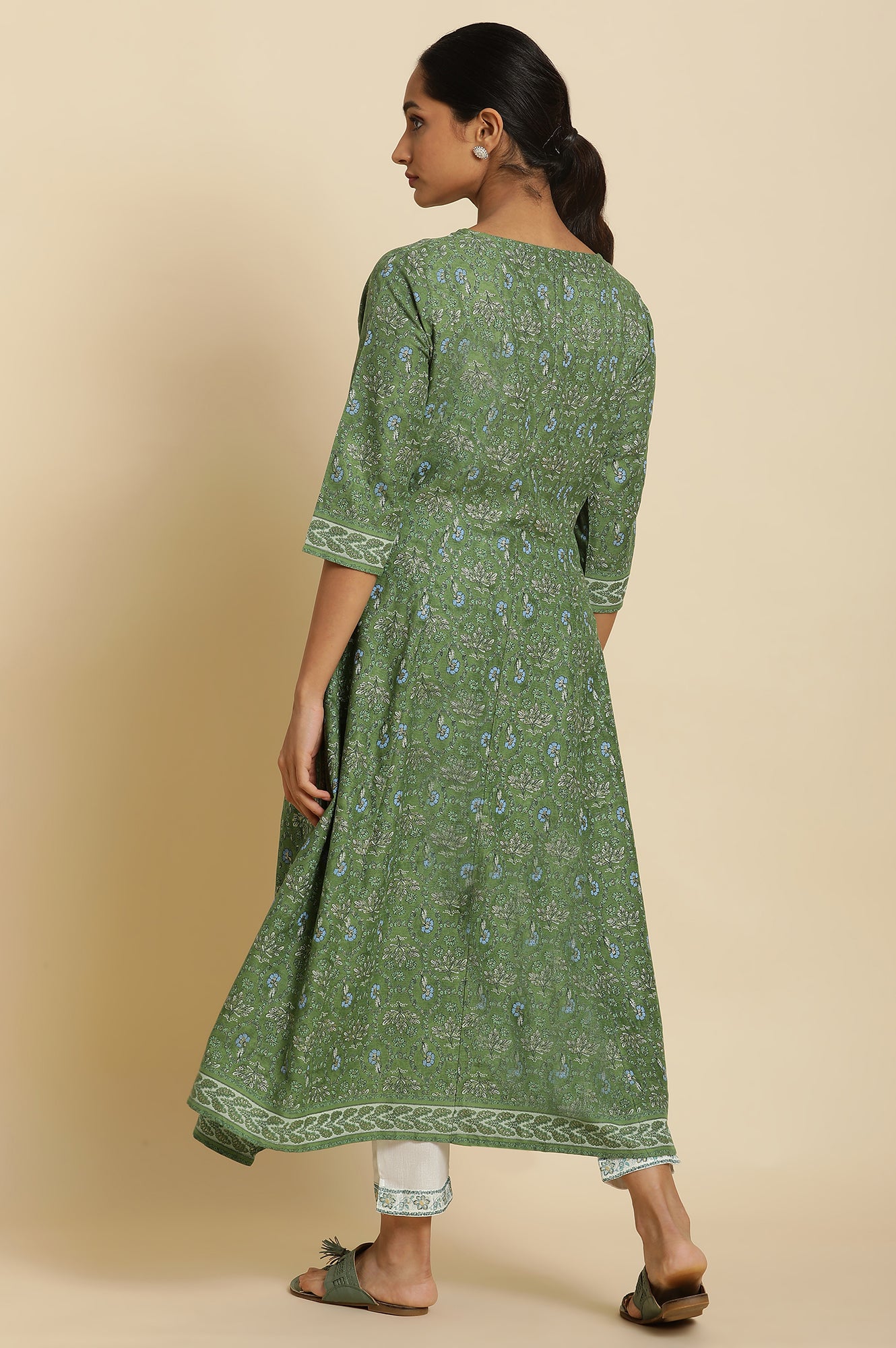 Green Floral Printed Embroidered Anarkali Kurta with Straight Pant Set