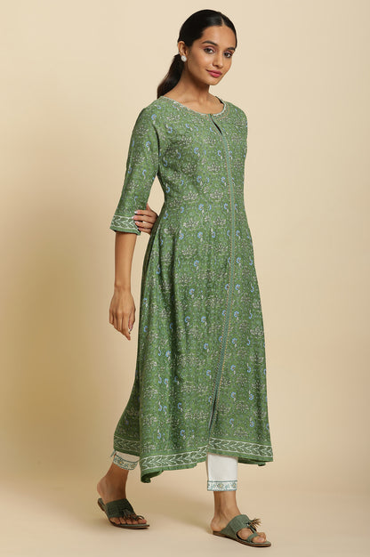 Green Floral Printed Embroidered Anarkali Kurta with Straight Pant Set