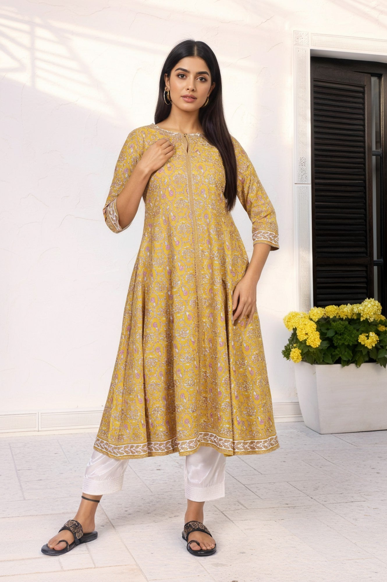 Mustard Floral Printed Rayon A-Line Kurta with Straight Pant