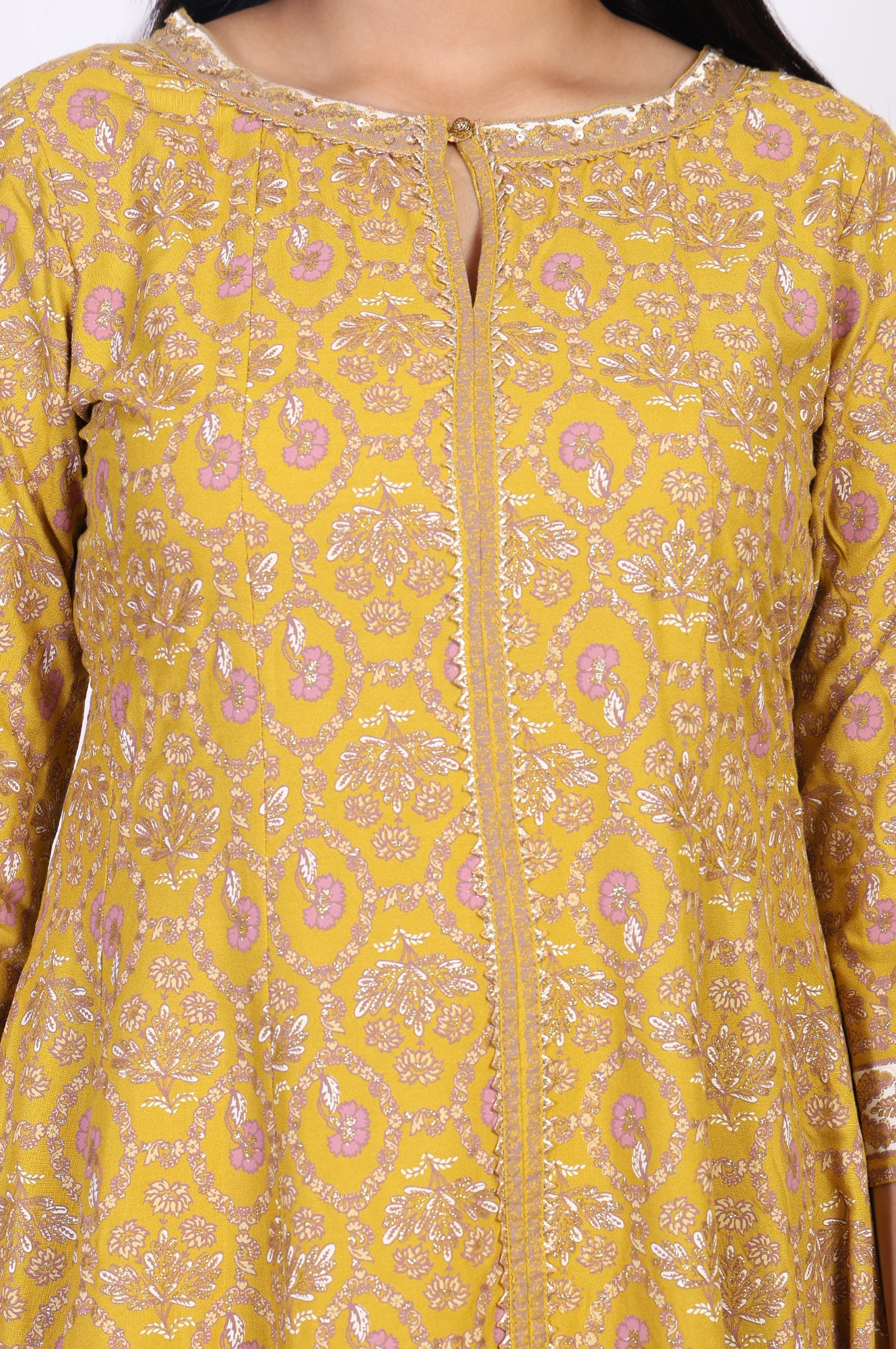 Mustard Floral Printed Rayon A-Line Kurta with Straight Pant