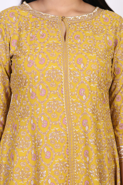Mustard Floral Printed Rayon A-Line Kurta with Straight Pant
