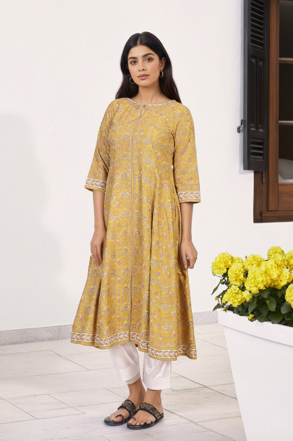 Mustard Floral Printed Rayon A-Line Kurta with Straight Pant