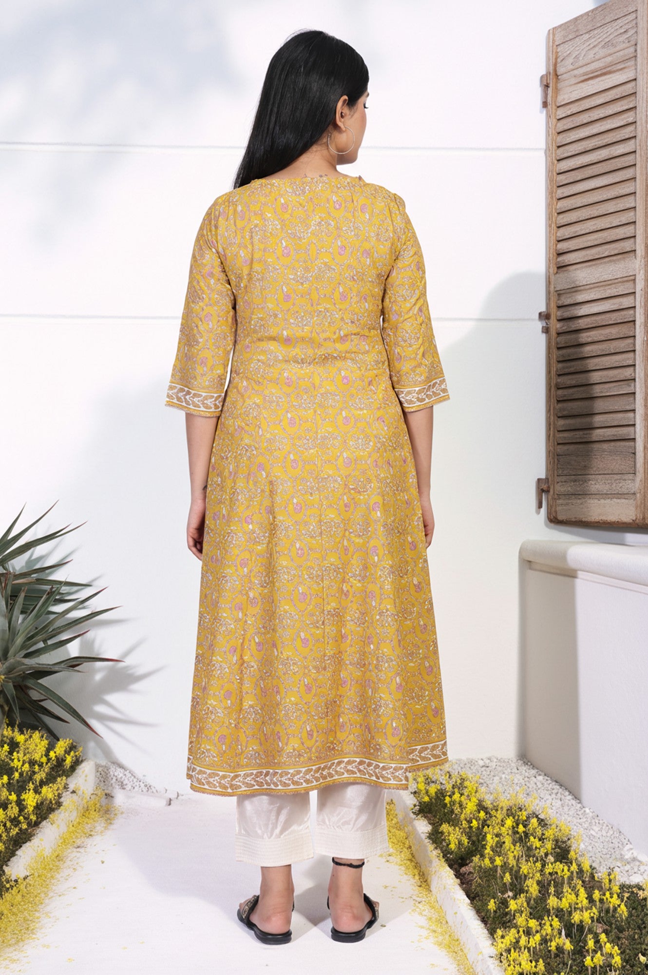Mustard Floral Printed Rayon A-Line Kurta with Straight Pant