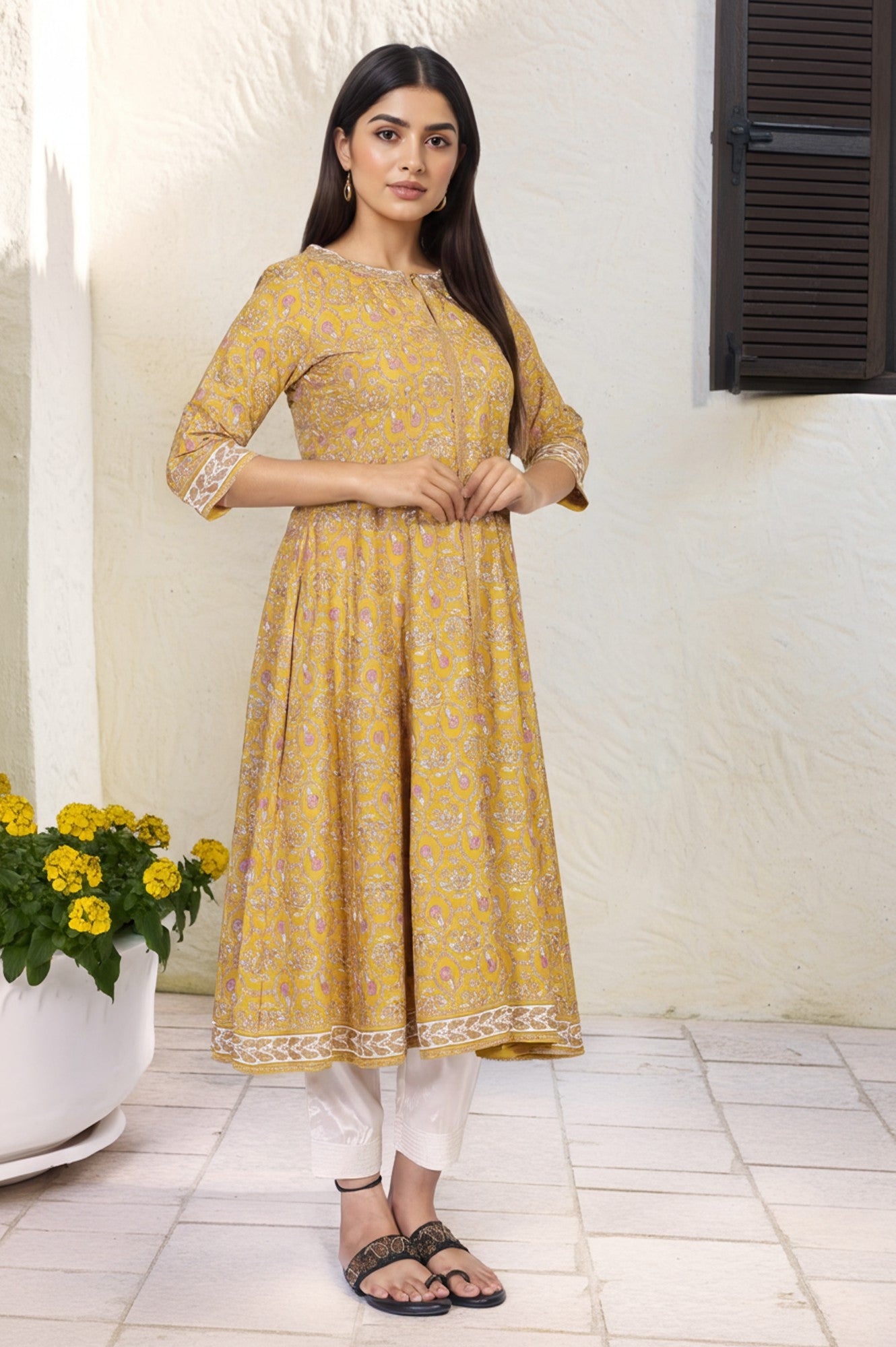Mustard Floral Printed Rayon A-Line Kurta with Straight Pant