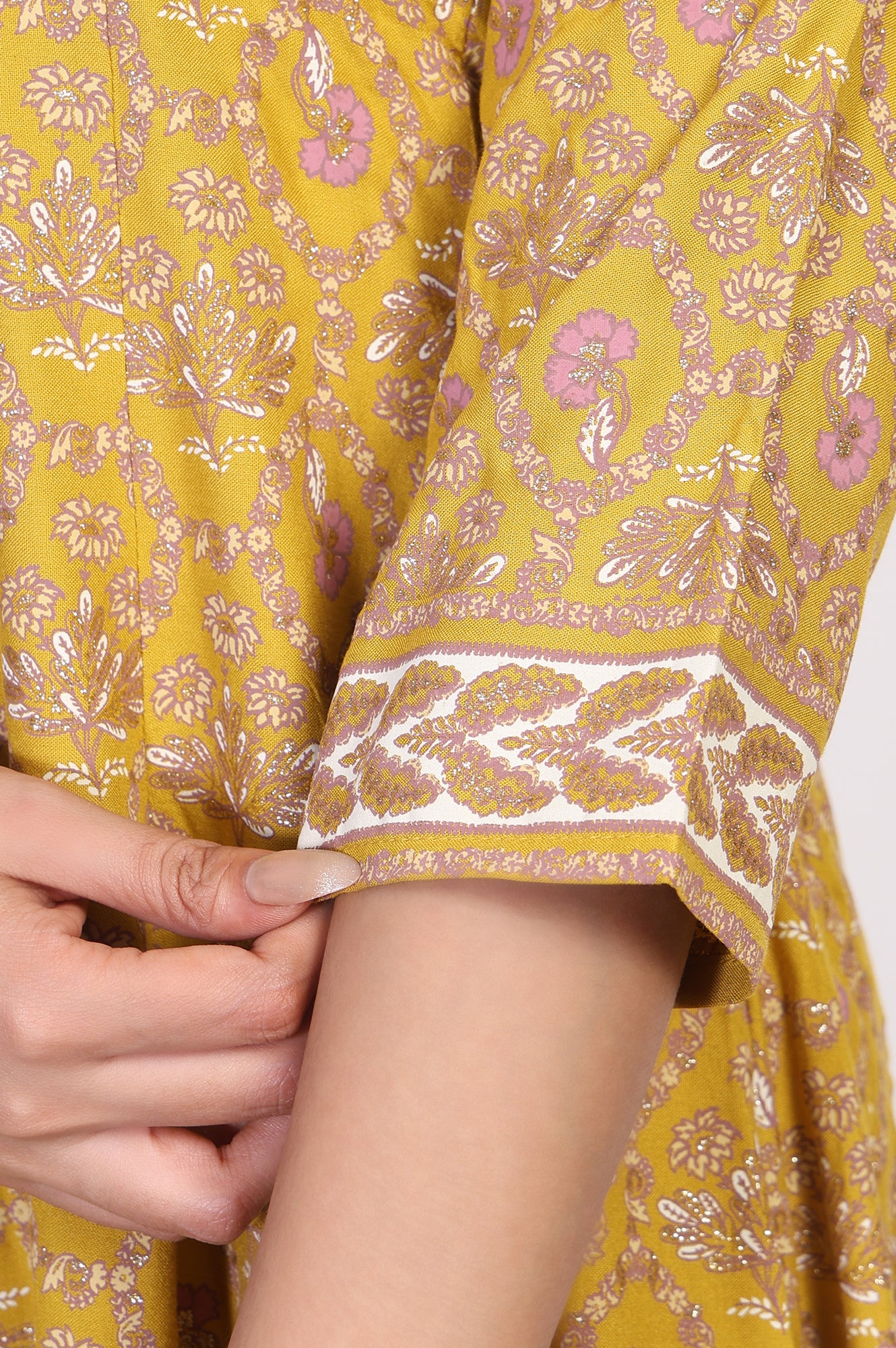 Mustard Floral Printed Rayon A-Line Kurta with Straight Pant