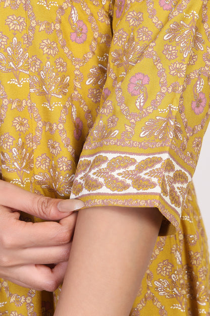 Mustard Floral Printed Rayon A-Line Kurta with Straight Pant