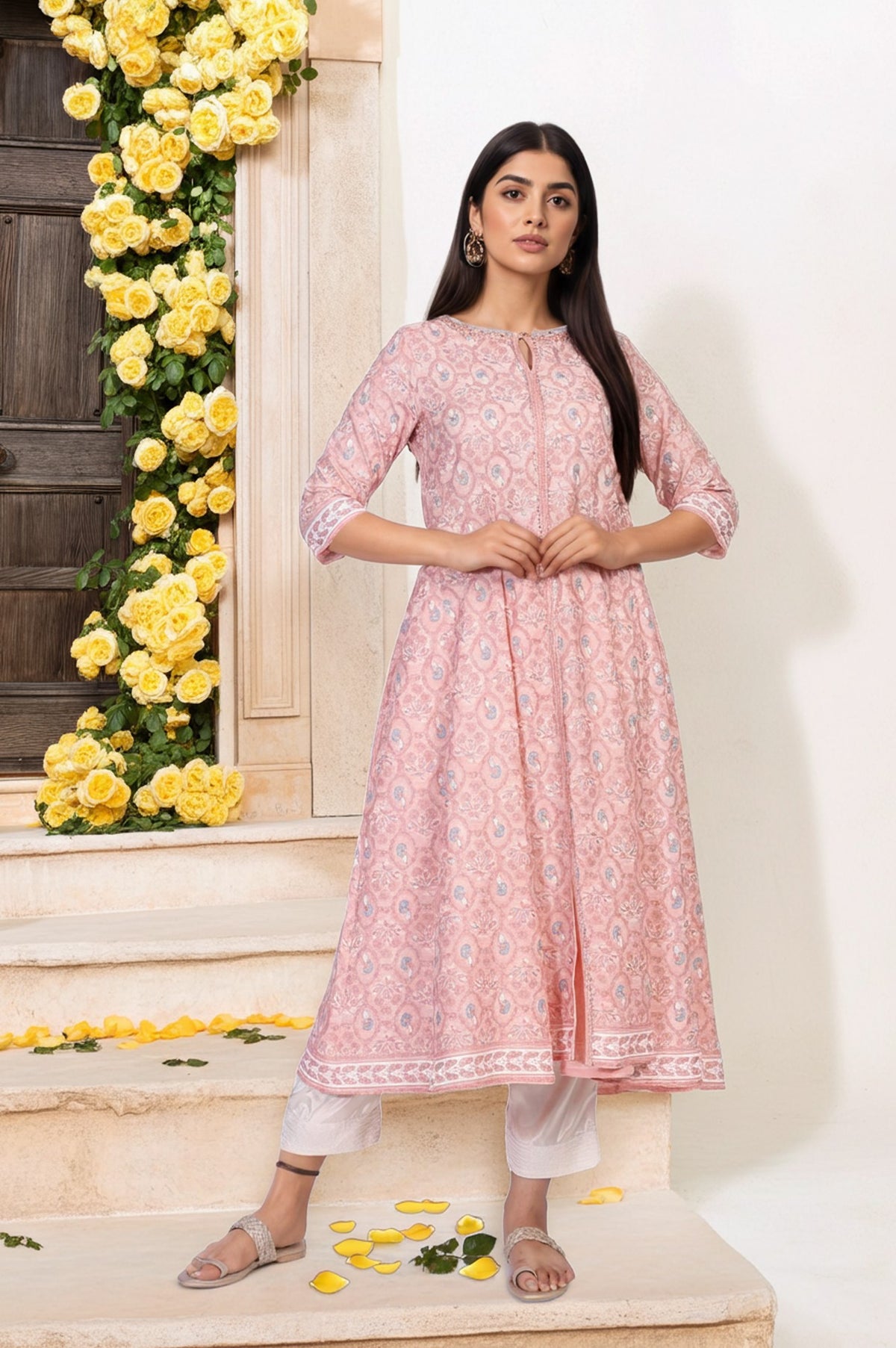 Pink Floral Printed Rayon A-Line Kurta with Straight Pant Set - XS