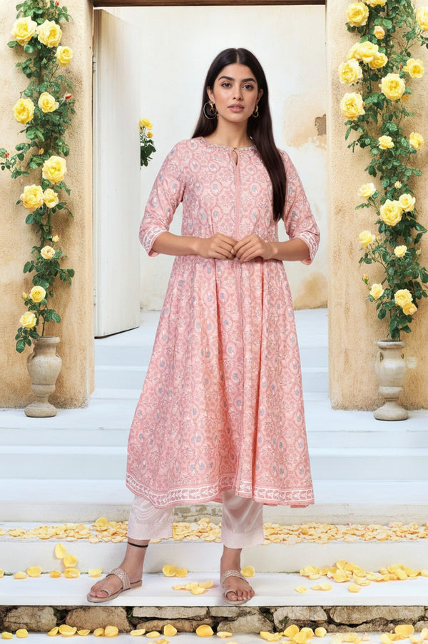 Pink Floral Printed Rayon A-Line Kurta with Straight Pant Set