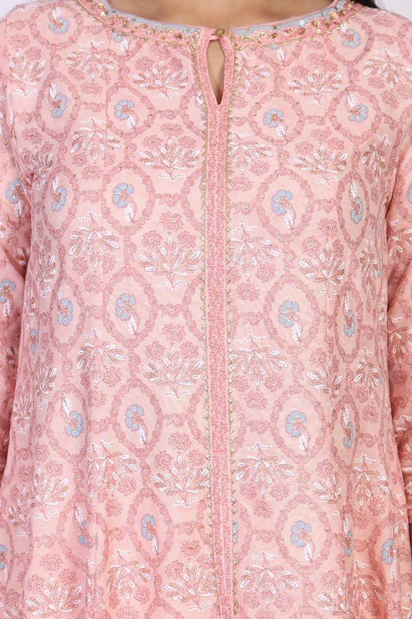 Pink Floral Printed Rayon A-Line Kurta with Straight Pant Set