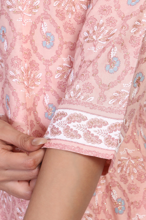 Pink Floral Printed Rayon A-Line Kurta with Straight Pant Set