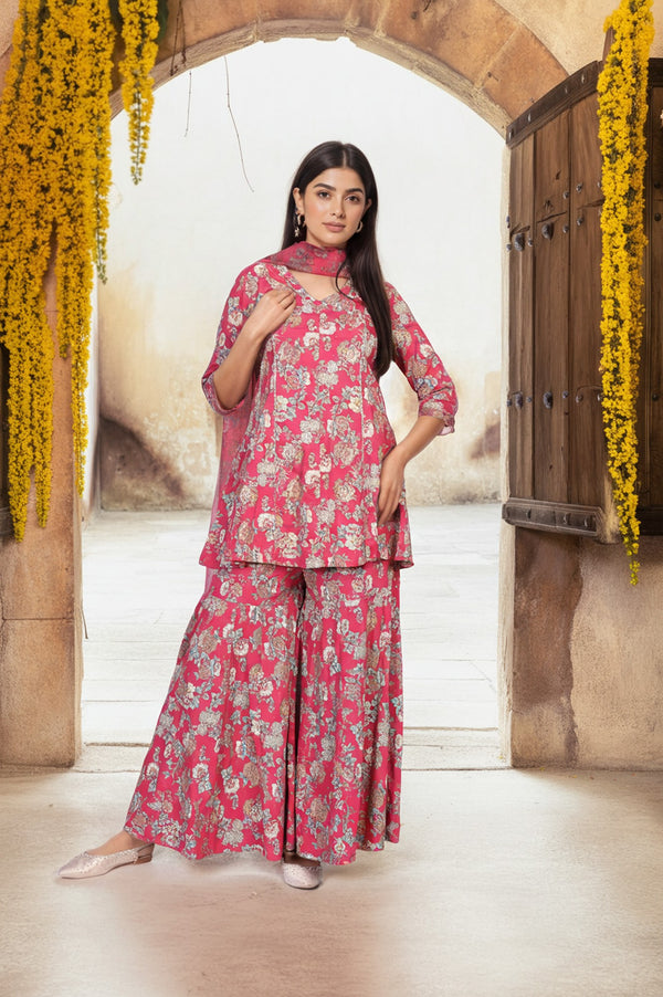 Pink Floral Printed Lace Trim Flared Rayon Kurta with Sharara and Dupatta Set