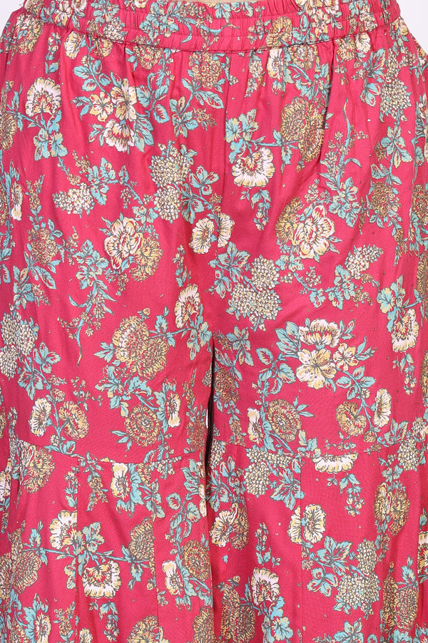 Pink Floral Printed Lace Trim Flared Rayon Kurta with Sharara and Dupatta Set