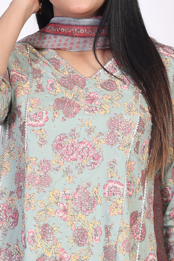 Light Green Floral Printed Lace Trim Peplum Rayon Kurta with Sharara and Dupatta Set