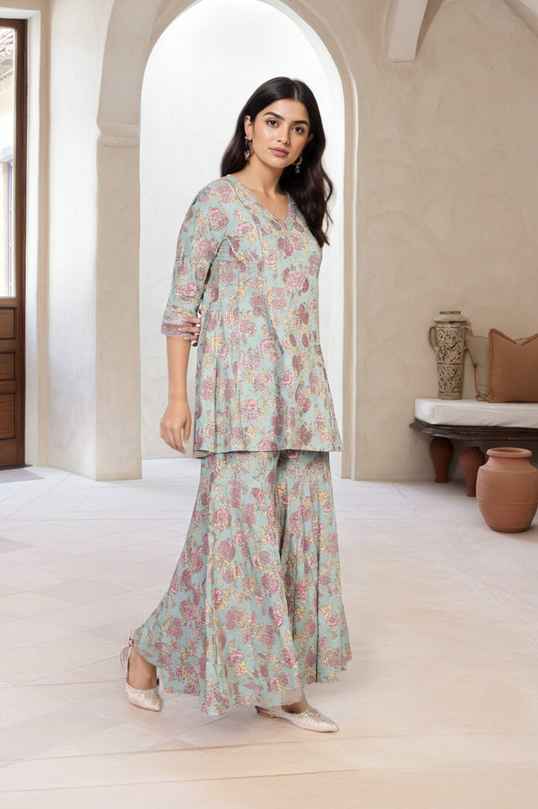 Light Green Floral Printed Lace Trim Peplum Rayon Kurta with Sharara and Dupatta Set