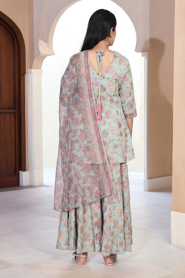 Light Green Floral Printed Lace Trim Peplum Rayon Kurta with Sharara and Dupatta Set
