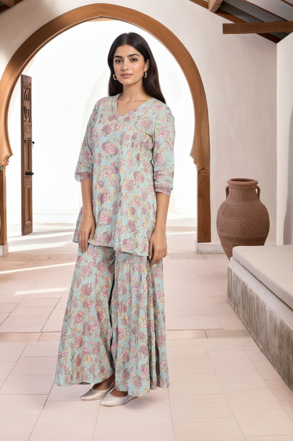 Light Green Floral Printed Lace Trim Peplum Rayon Kurta with Sharara and Dupatta Set