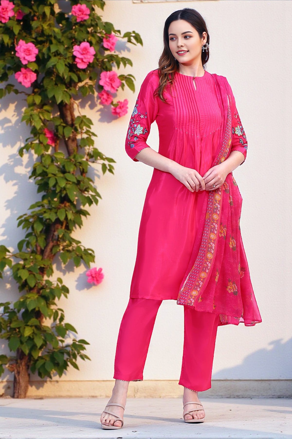 Pink Embroidered Shantung Kurta, Pants and Dupatta Set - XS