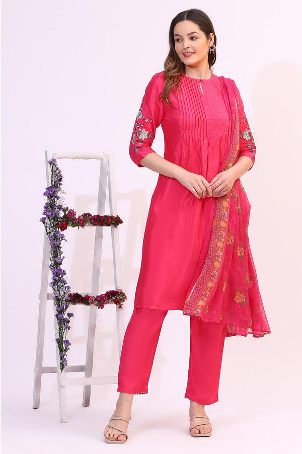 Pink Embroidered Shantung Kurta, Pants and Dupatta Set