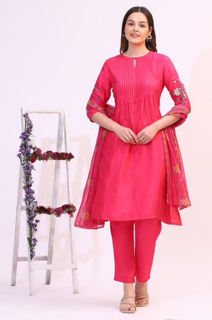 Pink Embroidered Shantung Kurta, Pants and Dupatta Set