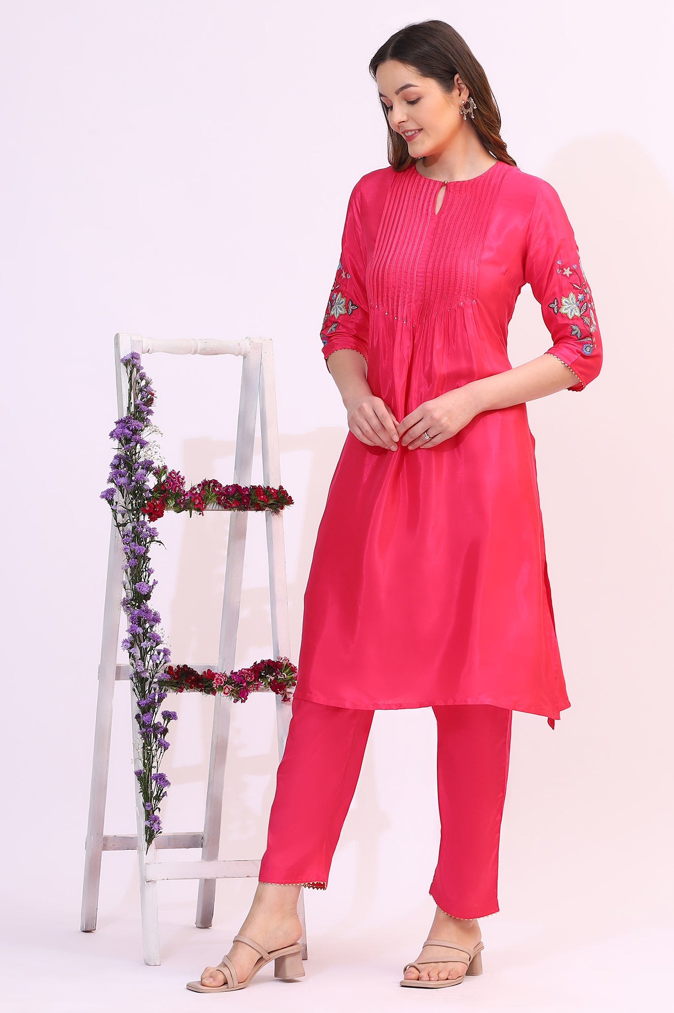 Pink Embroidered Shantung Kurta, Pants and Dupatta Set