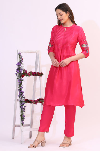 Pink Embroidered Shantung Kurta, Pants and Dupatta Set