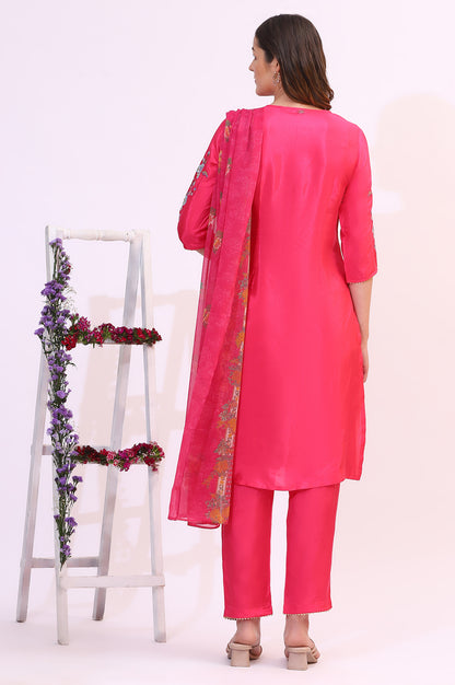Pink Embroidered Shantung Kurta, Pants and Dupatta Set