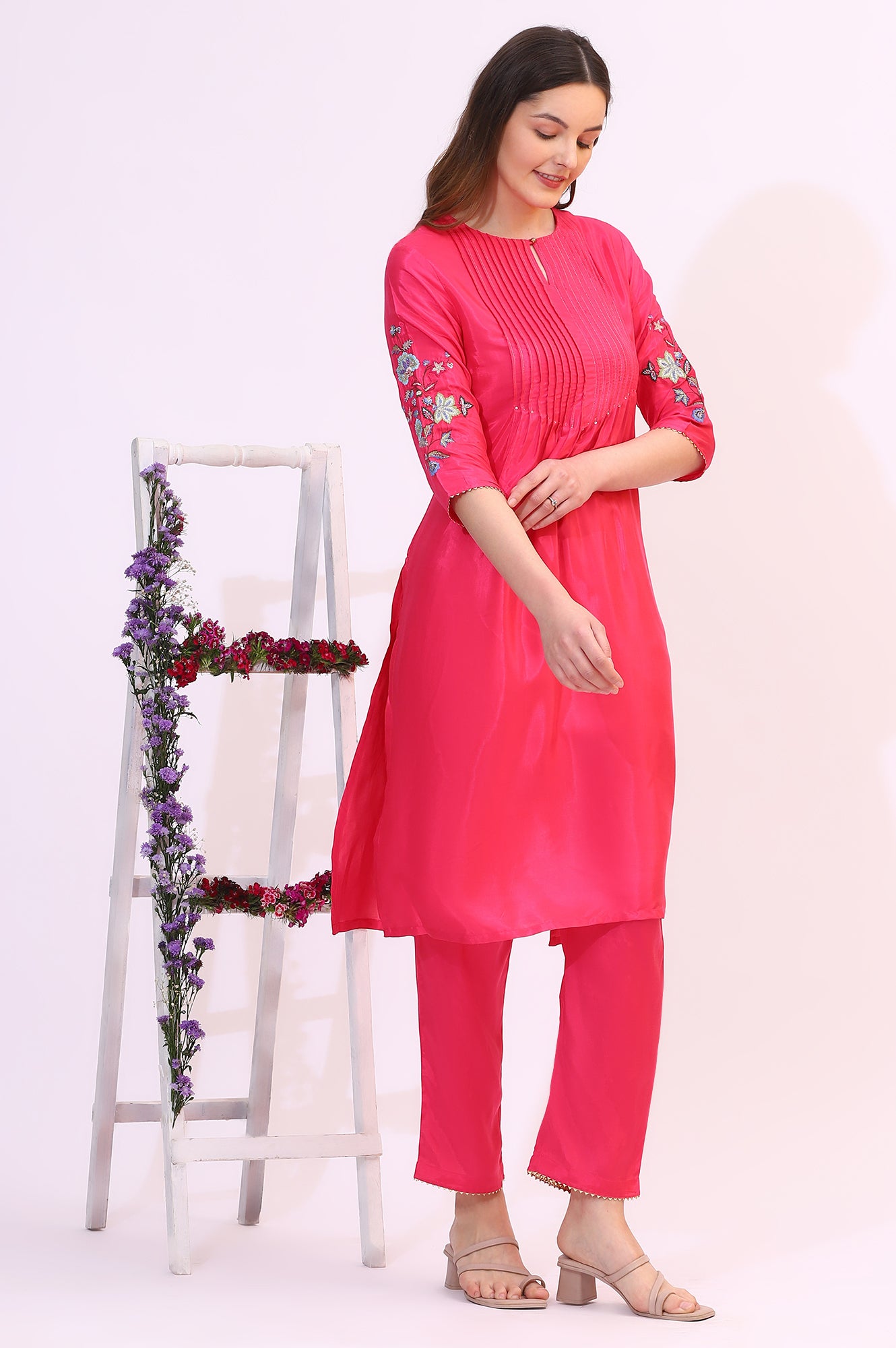 Pink Embroidered Shantung Kurta, Pants and Dupatta Set