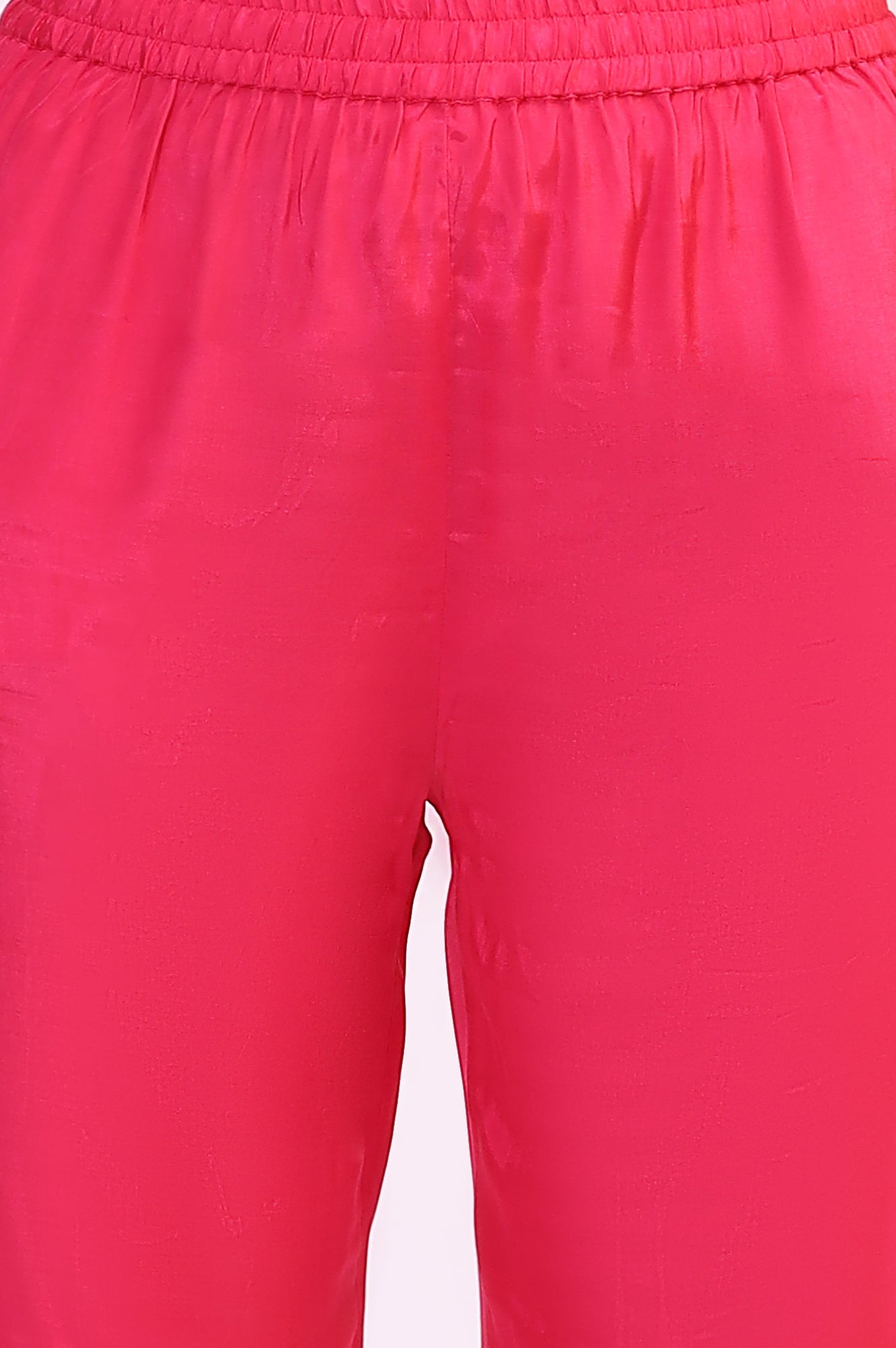 Pink Embroidered Shantung Kurta, Pants and Dupatta Set