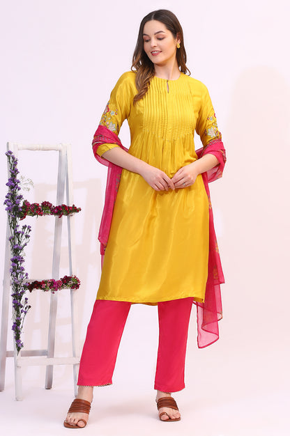 Yellow Embroidered Shantung Kurta, Pants and Dupatta Set